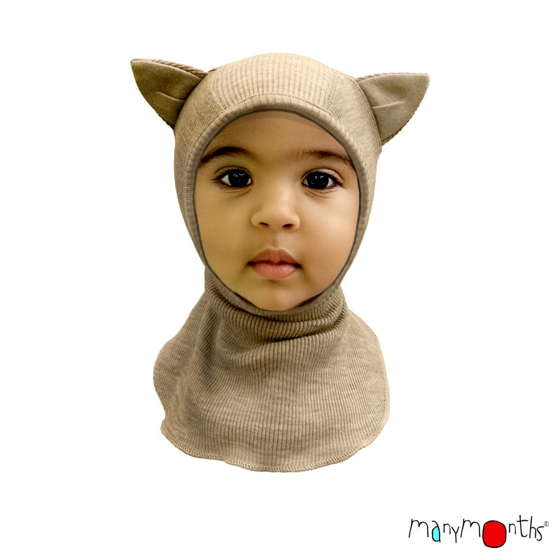 ManyMonths Natural Woollies Elephant Hood merinovillainen kyp&auml;r&auml;myssy kissan korvilla