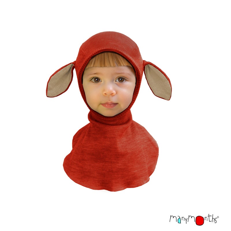 ManyMonths Natural Woollies Elephant Hood merinovillainen kyp&auml;r&auml;myssy lampaan korvilla